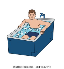 Man taking a cold plunge in a blue ice bath for recovery. A man sits in a blue tub filled with ice cubes for muscle recovery. Minimalist flat design with clean lines and blue tones. Ideal for health articles or sports science content.