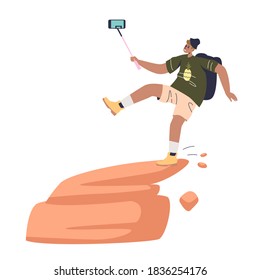 Man taking dangerous selfie with selfie stick falling from top of mountain rock or at cliff edge. Risk of selfie making concept. Cartoon flat vector illustration