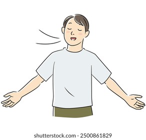 A man taking a deep breath with his arms outstretched