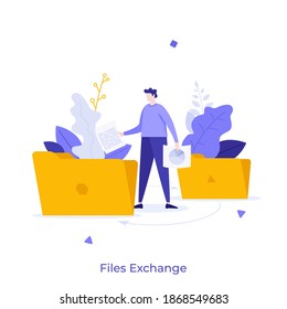 Man taking documents out of folders. Concept of online file exchange system, digital data storage, internet archive for electronic information. Modern flat vector illustration for poster, banner.