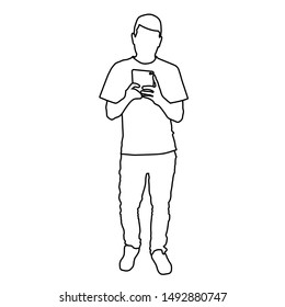 man taking full length selfie in the mirror. Isolated stock outline vector illustration