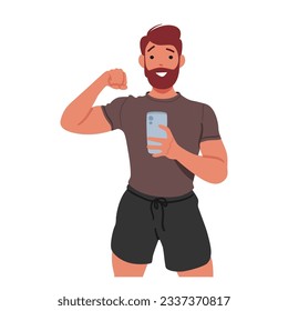 Hombre Tomando Un Selfie De Gimnasio, Capturando Su Viaje De Gimnasio, Posa Confiadamente Frente Al Espejo, Mostrando Su Progreso Y Dedicación A Un Estilo De Vida Saludable. Ilustración de vectores de personas de caricatura