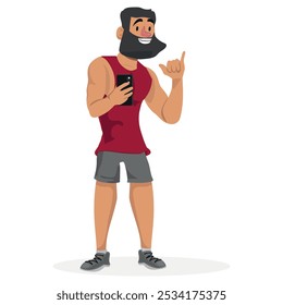 Man Taking Gym Selfie, Capturing His Workout Progress, Flexing Muscles And Showcasing Dedication. Male Character Boosting Motivation And Sharing Fitness Achievement. Cartoon People Vector Illustration