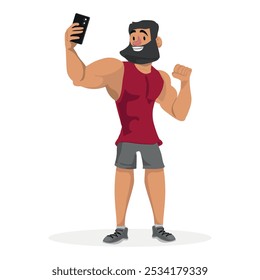 Man Taking Gym Selfie, Capturing His Workout Progress, Flexing Muscles And Showcasing Dedication. Male Character Boosting Motivation And Sharing Fitness Achievement. Cartoon People Vector Illustration