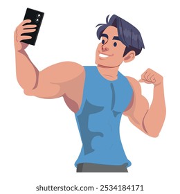 Man Taking Gym Selfie, Capturing His Workout Progress, Flexing Muscles And Showcasing Dedication. Male Character Boosting Motivation And Sharing Fitness Achievement. Cartoon People Vector Illustration