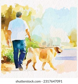 Man Taking his dog on a walk in water color style vector