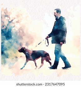 Man Taking his dog on a walk in water color style vector