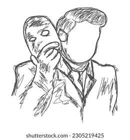 Man taking his face off rough pencil sketch illustration