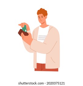 Man taking his plastic bank credit or debit card out of wallet. Happy young person ready to buy and pay cashless. Buyer making payment. Flat vector illustration isolated on white background