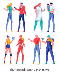 Man Taking Interview, Holding Microphone Flat Cartoon Vector Illustration. Woman Doctor Doing Medical Check up Using Stethoscope. Volleyball Player Holding Ball and Talking with Coach. Repairwoman.