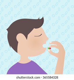 A Man Taking A Medicine Vector Illustration With Medical Pattern Background.