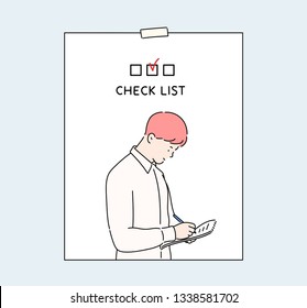 Man Taking A Memo. The Background Is A Checklist Note. Hand Drawn Style Vector Design Illustrations.