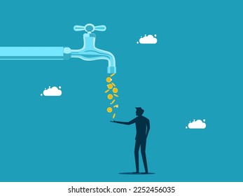 man taking money from faucet. cash flow and stability