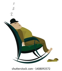 A man taking a nap on a green colored rocking chair, vector, color drawing or illustration. 
