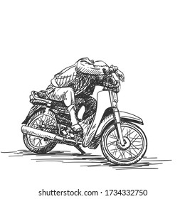 Der Mensch hält ein Nickerchen auf seinem Motorrad. Vietnam. Handgezeichnete Einzelbild, Vektorskizze
