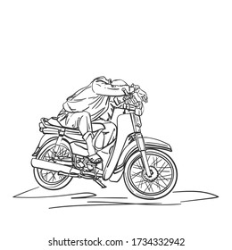 Man is taking a nap on his motorbike. Vietnam. Hand drawn outline illustration, vector sketch