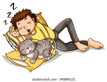 Man taking nap with pet cat illustration