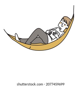 A man taking a nap while being shaken by a hammock