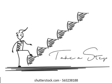 Man Taking Next Step or Achievement, Cartoon Hand Drawn Vector Background.