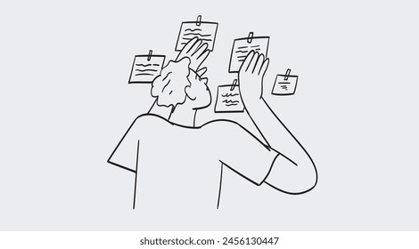 Man taking notes on board scheduling and organizing work in office or making timetable for university studies. Time management and organization concept. Line vector illustration in doodle style.