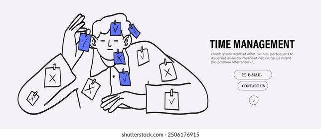 Man taking notes scheduling and organizing work in office or making timetable for university studies. Time management, work planning. Personal productivity. Line vector illustration in doodle style.
