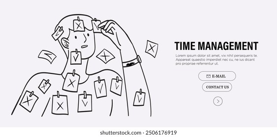 Man taking notes scheduling and organizing work in office or making timetable for university studies. Time management, work planning. Personal productivity. Line vector illustration in doodle style.