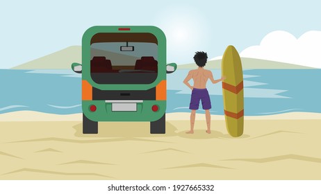 Man taking off his shirt and catching a surfboard. Family car for multipurpose travel parked beside. Backdrop is a vast sand and sea. And island far away under blue sky.