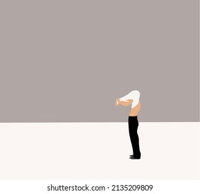 Man is taking off his t-shirt on gray background. Minimal vector illustration