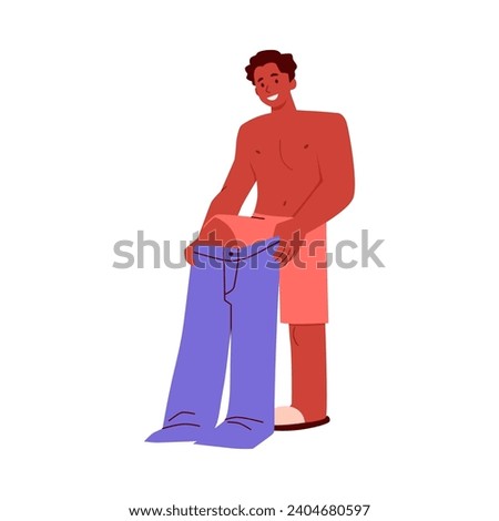 Man taking off or putting on trousers, jeans. Young man getting ready at morning or trying on new apparel, flat vector illustration isolated on white background.