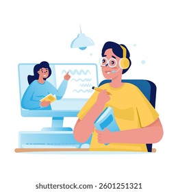 A man is taking online lessons, Virtual learning webinar education concept, Vector illustration