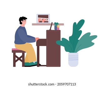 Man taking online remote lessons of piano playing, cartoon vector illustration isolated on white background. Distance musical education and courses of music instrument art.