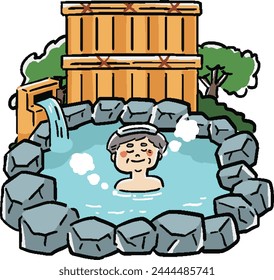 Man taking an open-air bath Hand-drawn illustration of an old man