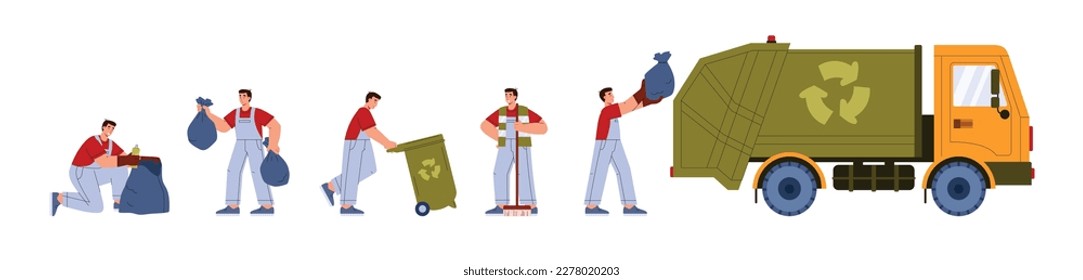 Man taking out garbage, flat vector illustration isolated on white background. Garbage collection process. Man putting trash bag in garbage truck. Concepts of recycling and environment. svg