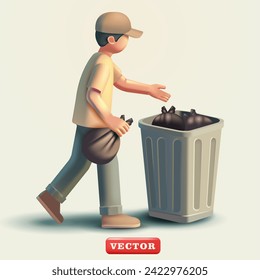 A man is taking out the trash, 3d vector. Suitable for saving the environment and education