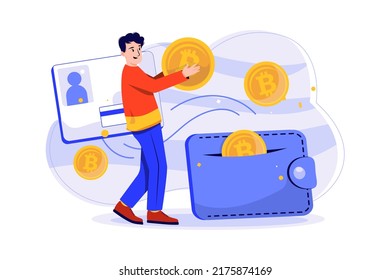 Man taking payout of cryptocurrency Illustration concept. Flat illustration isolated on white background