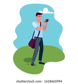 man taking a photo with background landscape vector illustration design