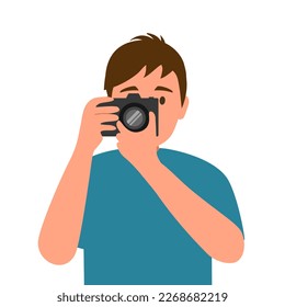 Man taking photo with camera in flat design on white background.