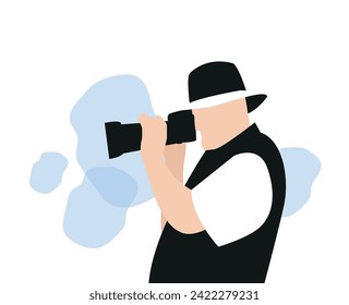 Man taking photo with camera in flat design on white background.