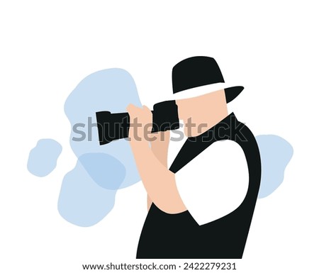 Man taking photo with camera in flat design on white background.