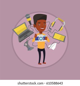 Man taking photo with digital camera. Man surrounded with gadgets. Man using many electronic gadgets. Man addicted to gadgets. Vector flat design illustration in the circle isolated on background.