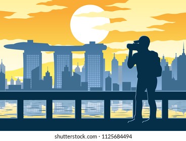 man taking a photo of famous tower,the landmark of Singapore on sunset time,vintage color,vector illustration