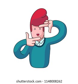 A man is taking a photo frame gesture with his fingers. Cartoon simple style vector concept illustration. looking at camera. 