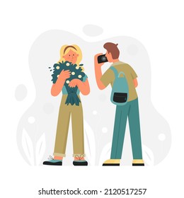 Man taking photo her beloved girl with flowers. Happy and romantic relationship connection flat vector illustration