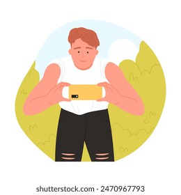 Man taking photo with mobile camera on phone, guy making pictures of summer nature vector illustration
