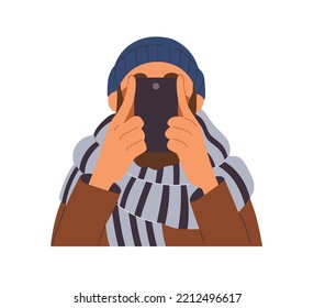 Man Taking Photo With Mobile Phone. Modern Person Hiding Face Behind Smartphone, Holding Cellphone, Shooting Photograph, Recording Video. Flat Vector Illustration Isolated On White Background