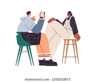 Man taking photo, mobile picture of young black woman sitting in chair, posing. Person making girls shot, photograph on phone, smartphone camera. Flat vector illustration isolated on white background