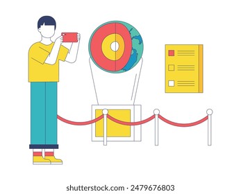 A man is taking a photo on his cell phone of the architecture of the layers of the earth at a museum exhibition. Character design. Vector flat illustration