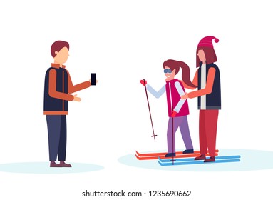 man taking photo skiers couple winter vacation concept flat isolated horizontal