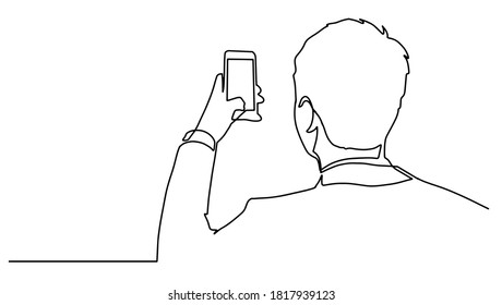 Man taking photo with smartphone one line drawing. Side view.Man standing with smartphone continuous line drawing. vector illustration. Person selfie one line drawing. Man taking a picture.