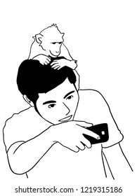 The man is taking a photo with the smiling monkey on his head.
